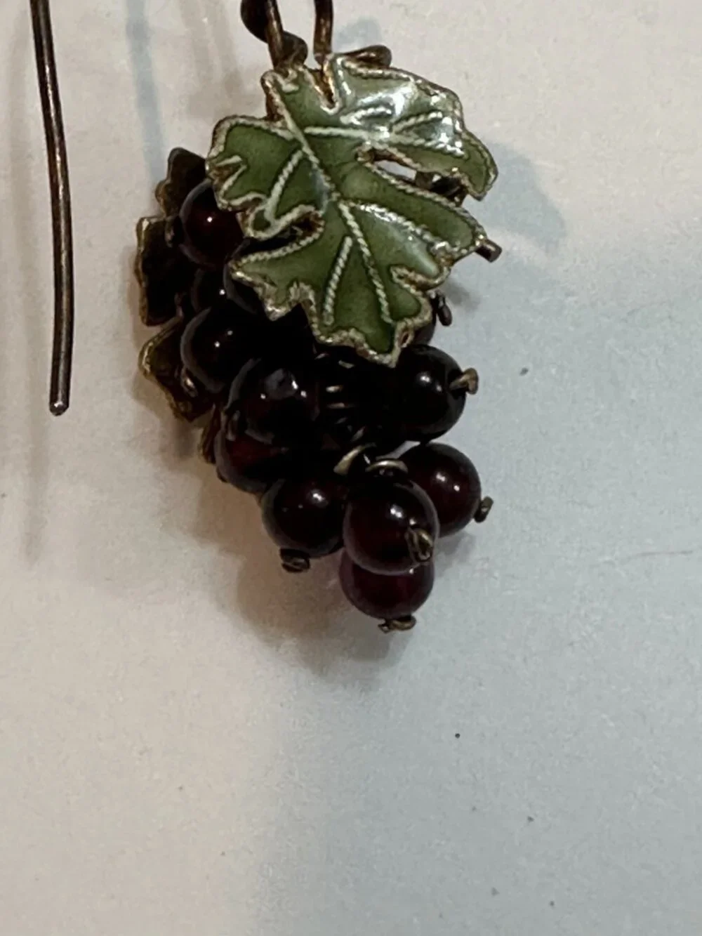 Bohemian Garnet Bead Grape Cluster Guilloche Enamel Brass Leaf Earrings